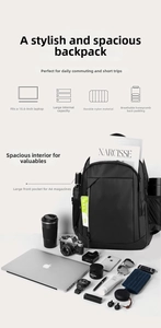 Detail of laptop backpack showing capacity for 15.6 inch laptop and A4 magazines