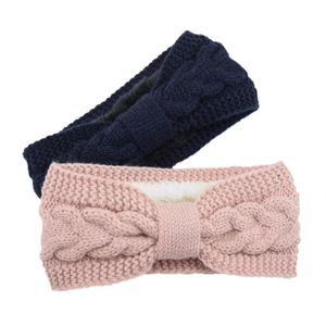 Detail of cable knit headband with warm fleece lining in navy blue and pink styles