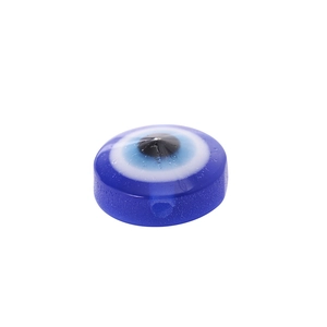 Flat round blue resin evil eye bead with central iris pattern for DIY jewelry making