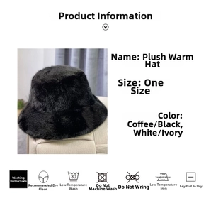 Detail guide for plush bucket hat showing size options and laundry care instructions