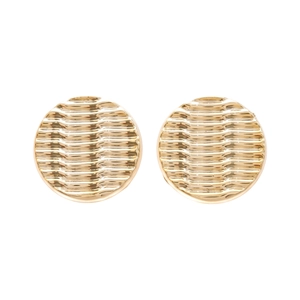 Minimalist circular gold stud earrings with textured wavy pattern on polished metal surface