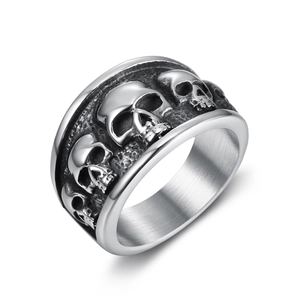 Vintage stainless steel skull band ring with distressed silver finish and 3D carvings