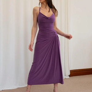Elegant deep purple bodycon midi dress with cowl neck and side ruching details