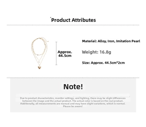 Detailed specs of triple-layer heart pendant necklace with pearls and gold plating