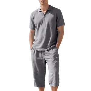 Men's summer casual two-piece linen polo shirt and cropped pants set in solid grey color