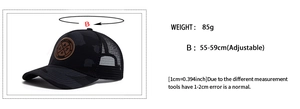Detail of camouflage trucker hat with mesh back showing weight 85g and size 55-59cm