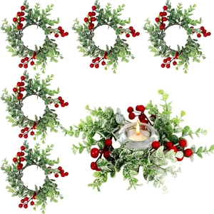 Artificial Christmas Berry Candle Ring Frosted Eucalyptus Leaves Wreath Winter Holiday Home Table Centerpiece Decor