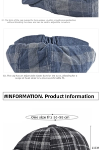Detail of blue plaid newsboy cap showing corduroy texture and size 56-58cm specifications