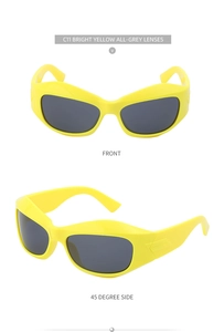 Detail of bright yellow wrap-around sunglasses with grey lenses and textured temples
