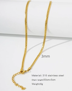 Detailed view of 3mm gold 316L stainless steel Cuban chain necklace with lobster clasp