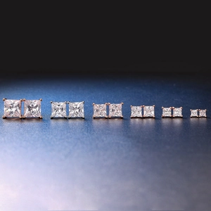 Square princess cut zircon stud earrings in rose gold and silver finishes across six sizes