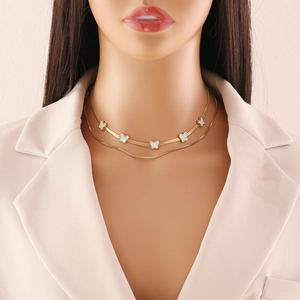 Double Layer Butterfly Necklace Bracelet Earrings Stainless Steel Gold Plated White Shell Texture Trendy Jewelry Set Elegant Women Accessory