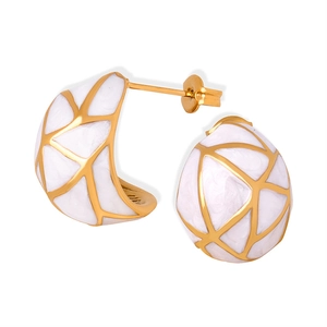 British vintage C-shaped gold plated titanium steel earrings with white enamel texture