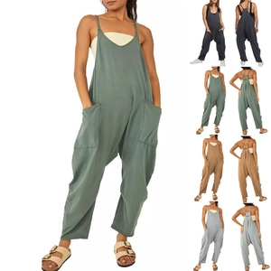 Women's loose sleeveless jumpsuit with V-neck and deep pockets in multiple solid colors