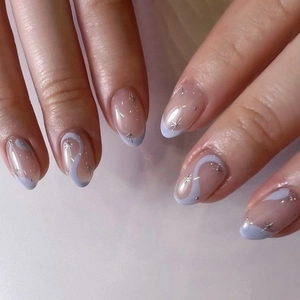 Lavendelviolett Französisch Künstliche Nägel Zum Aufdrücken Kurz Rund Fake Nails Mit Wellen Sternen Muster Für Damen DIY Maniküre