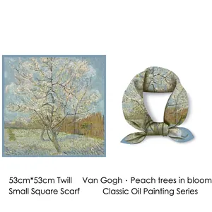 Van Gogh Blooming Peach Tree art print square scarf in 53cm twill fabric for women