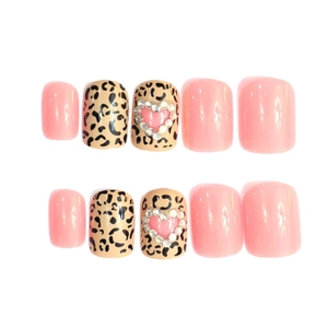 Pink and leopard print short square press-on nails with rhinestone heart design