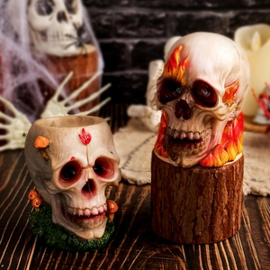 Halloween skull resin decorations featuring mushroom and flame motifs on wooden base