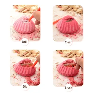 DIY ocean seashell archaeology digging kit for kids showing four steps of excavation process