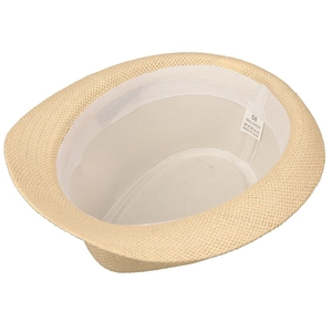Men's beige paper straw fedora hat featuring a 58cm sweatband and breathable weave