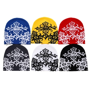 Collection of knit beanies in six colors with gothic cross patterns for winter style
