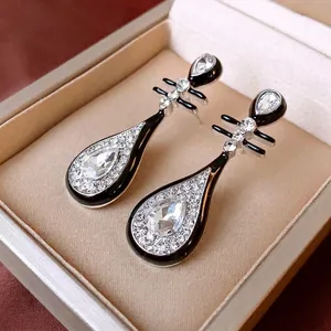 Alloy Rhinestone Earrings With Silver Earring Post Black Enamel Teardrop Dangle Retro New Chinese Style Elegant Women