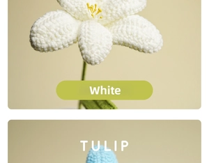 Macro detail of handmade crochet white tulip with realistic petal textures and yellow stamen