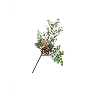 Christmas pine cone branch decoration with snowy needles, white berries and a burlap bow