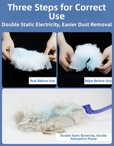 Close-up of fluffy static duster head assembly with purple handle for home cleaning