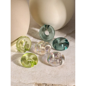 Set of colorful resin C-shaped clip-on earrings in green and clear tones for women