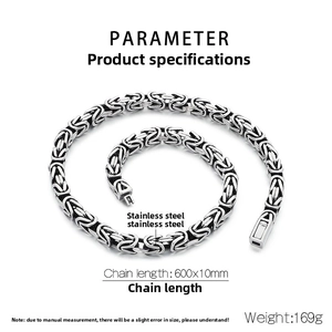 Close-up of 600mm x 10mm silver stainless steel Byzantine chain necklace for men