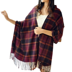 Fashionable checkered scarf for women with tassels in red, blue and yellow plaid pattern