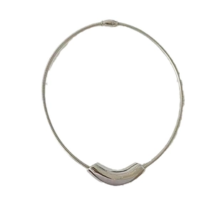 Minimalist silver curved tube pendant necklace on a sleek titanium steel snake chain