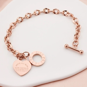 Rose gold stainless steel heart pendant bracelet with OT toggle clasp and bible quote