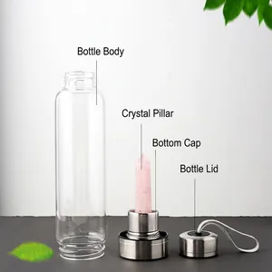 Eco-friendly glass water bottle with natural pink crystal energy pillar and steel base