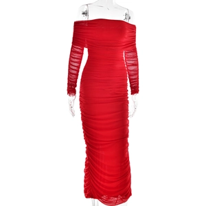 Detail of red off-shoulder long sleeve mesh dress featuring ruched bodycon design