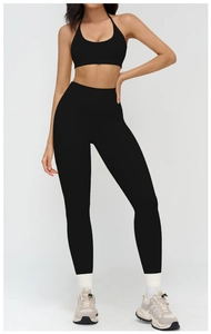 Close-up of black criss-cross yoga top and high-waist leggings with matte finish