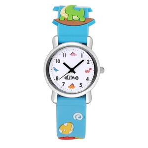 Detailed view of the cute blue dinosaur watch with rainbow silicone strap and dino dial