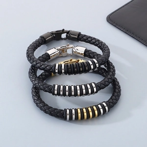 Punk Men Braided Microfiber Leather Bracelet With Polished Stainless Steel Rings Masculine Wristband Simple Fashionable Jewelry