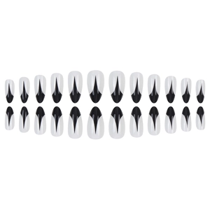 Set di 24 unghie finte a mandorla bianche e nere con motivi geometrici stiletto chic