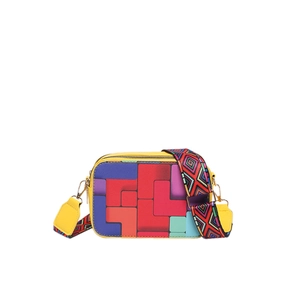 Rainbow contrast stitching camera bag with vibrant geometric wide shoulder strap