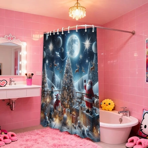 Detailed Christmas shower curtain featuring Santa Claus and reindeer in a pink bathroom
