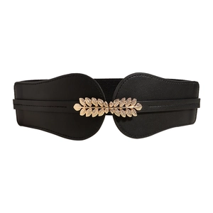 Women elastic black waist belt with golden metal leaf buckle for dresses and skirts