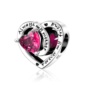 Detailed view of S925 silver heart charm with red stone and mother friend engraving