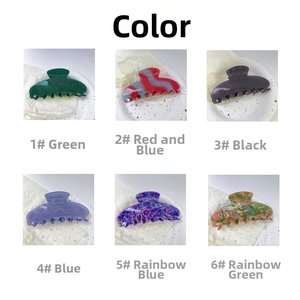 Detailed macro showcase of six colorful Y2K glitter hair claw clips on white plates