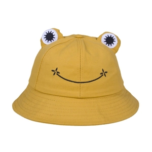 Bright yellow frog bucket hat with 3D eyes and embroidered smile for sun protection