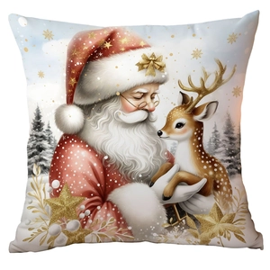 Close-up of Santa Claus and reindeer print on high-quality festive square pillowcase