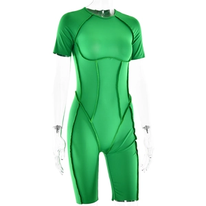 Detailed view of green slim fit romper featuring exposed seam stitching and short sleeves