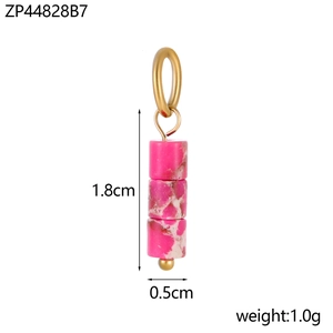 Detailed view of pink natural stone beads pendant with gold ring and dimensions