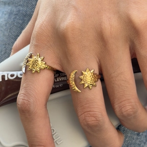 Hammered 18K gold stainless steel adjustable rings with sun and moon celestial designs